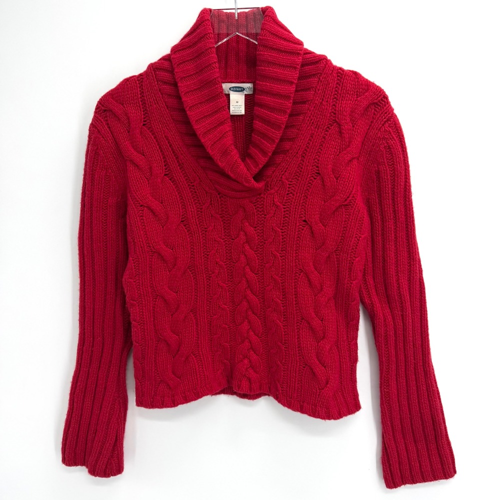 Y2K Old Navy Lambswool Blend Cable Knit Sweater Sz M Shawl Collar Red Fisherman